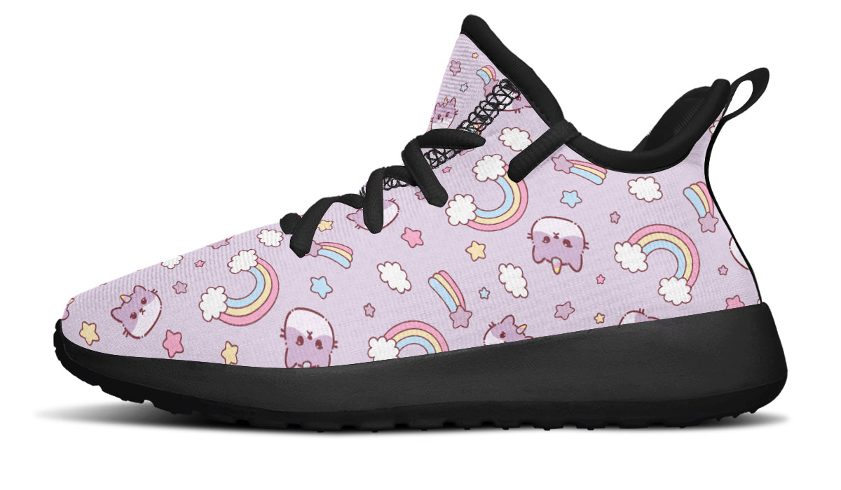 Colorful kids sneakers featuring a rainbow and playful cat design, perfect for active children.