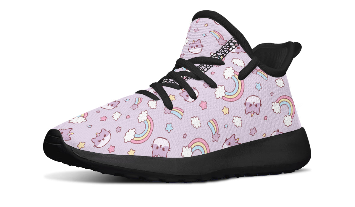 Colorful kids sneakers featuring a rainbow and playful cat design, perfect for active children.