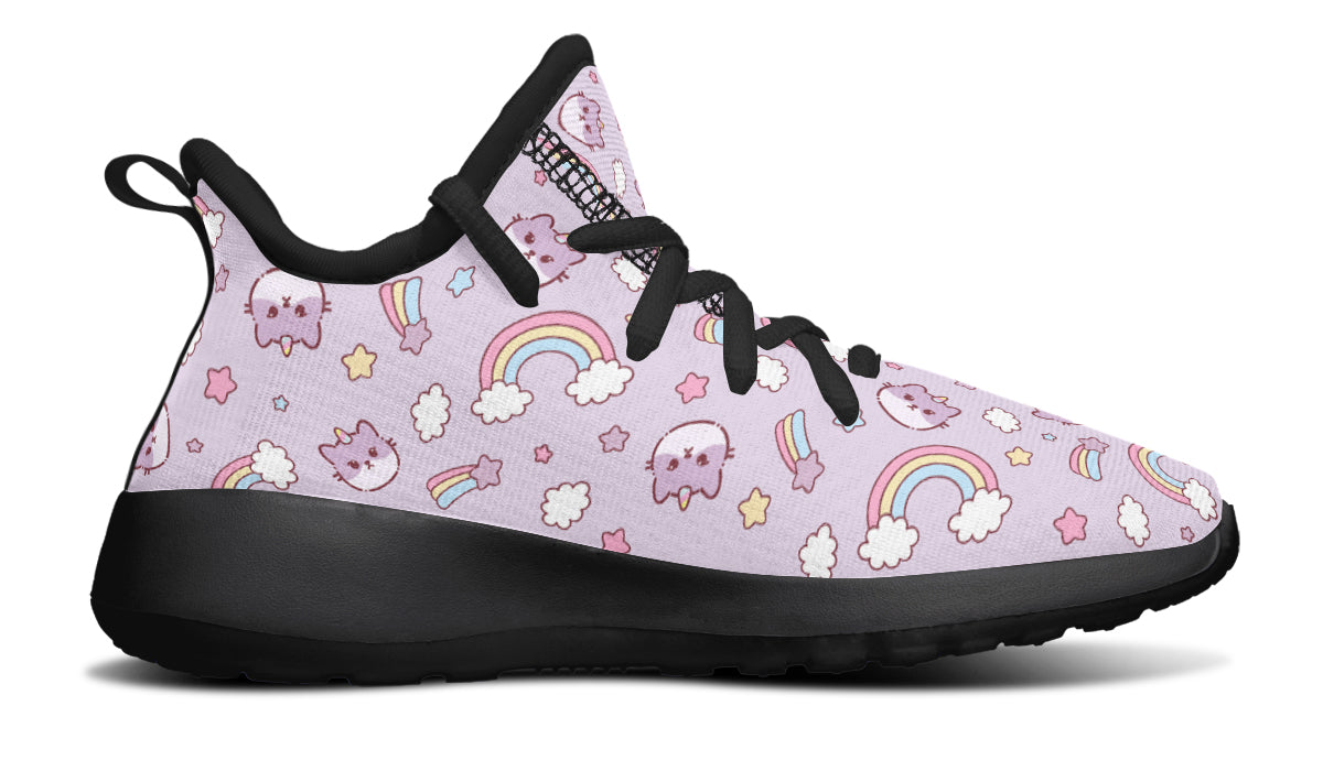 Colorful kids sneakers featuring a rainbow and playful cat design, perfect for active children.