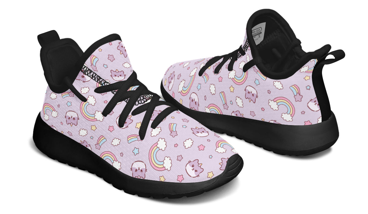 Colorful kids sneakers featuring a rainbow and playful cat design, perfect for active children.