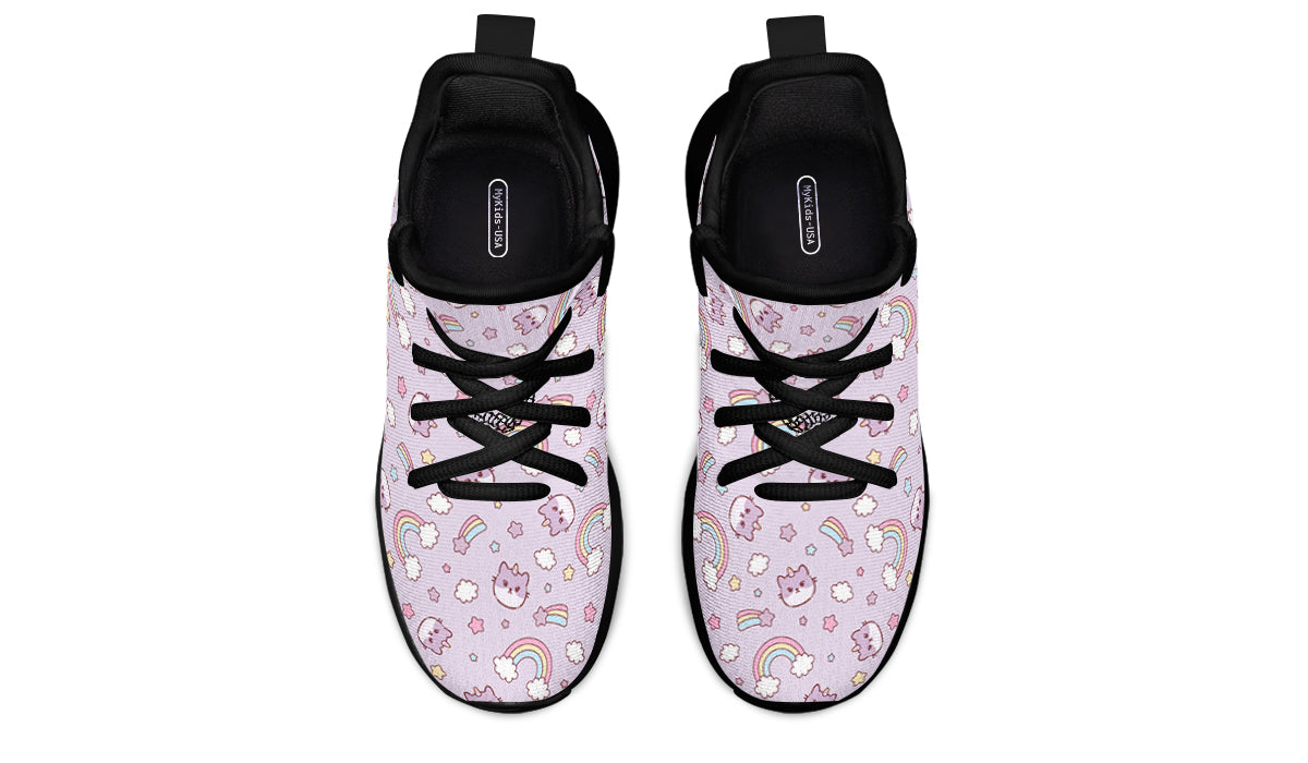 Colorful kids sneakers featuring a rainbow and playful cat design, perfect for active children.