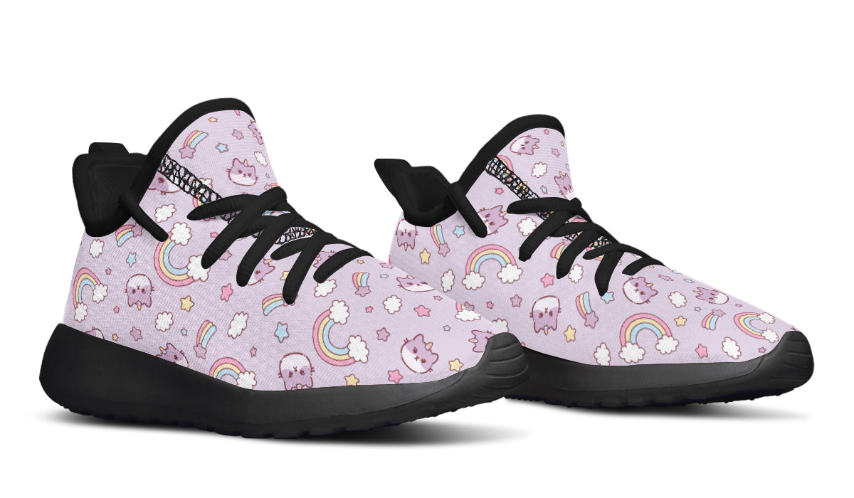 Colorful kids sneakers featuring a rainbow and playful cat design, perfect for active children.