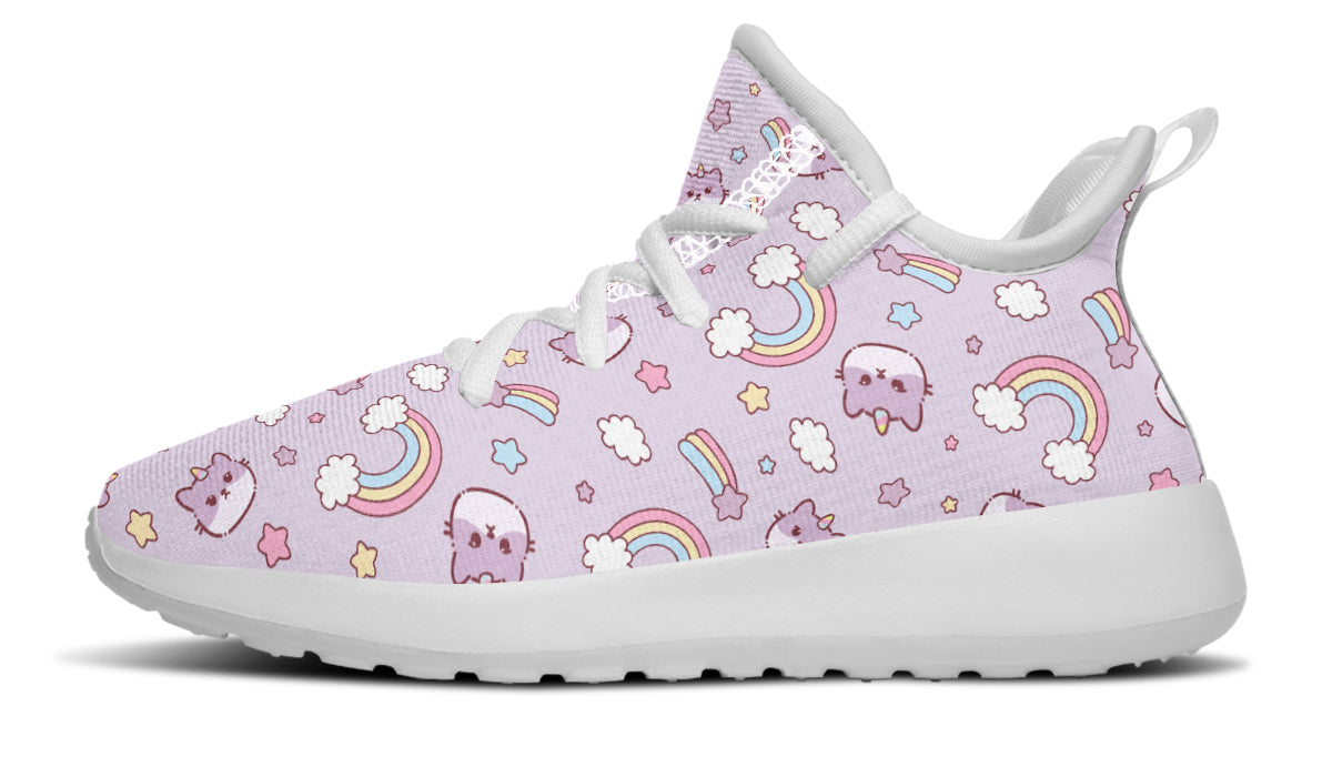 Colorful kids sneakers featuring a rainbow and playful cat design, perfect for active children.