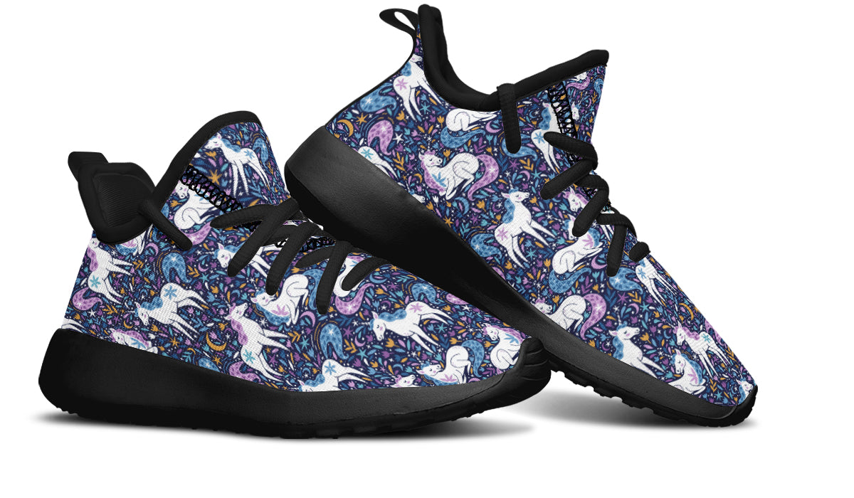 Colorful kids sneakers featuring unicorn designs, made from breathable mesh material.