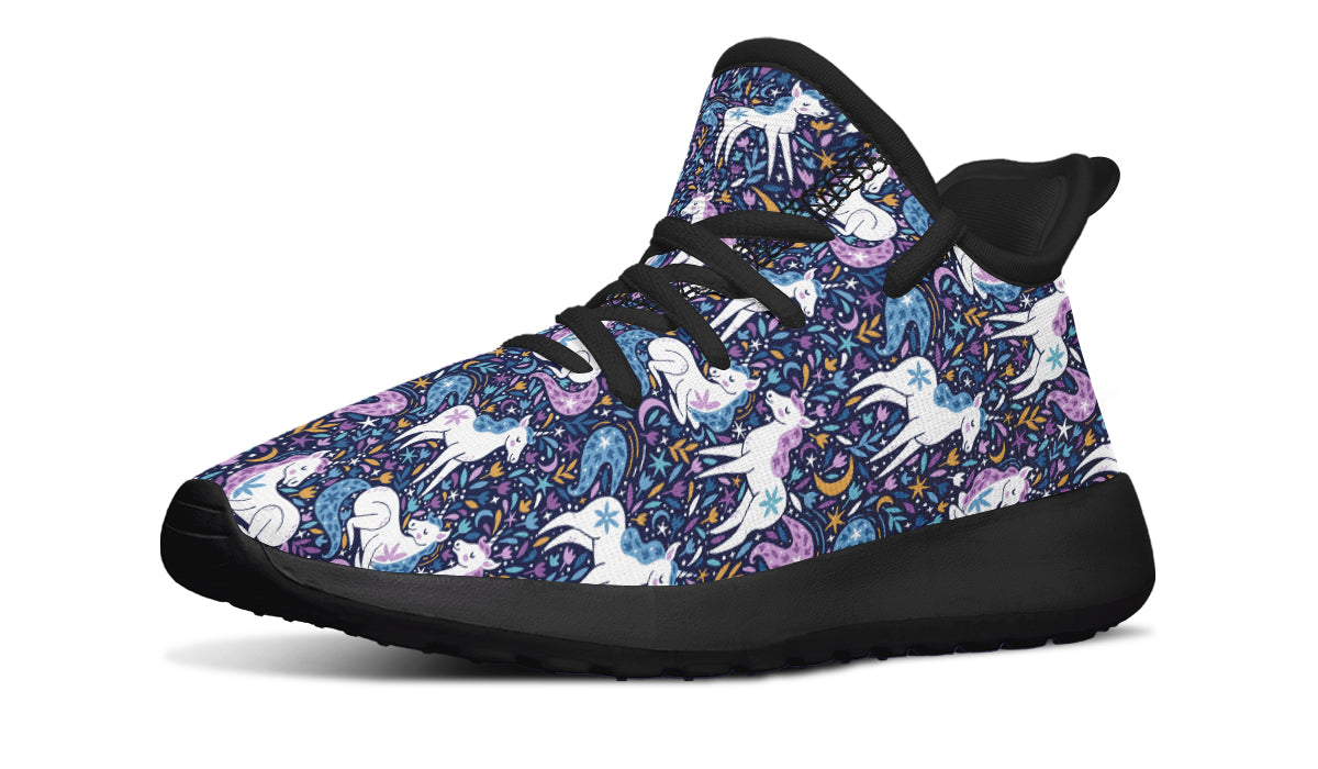 Colorful kids sneakers featuring unicorn designs, made from breathable mesh material.