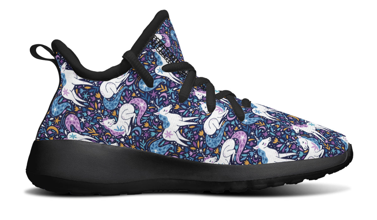 Colorful kids sneakers featuring unicorn designs, made from breathable mesh material.