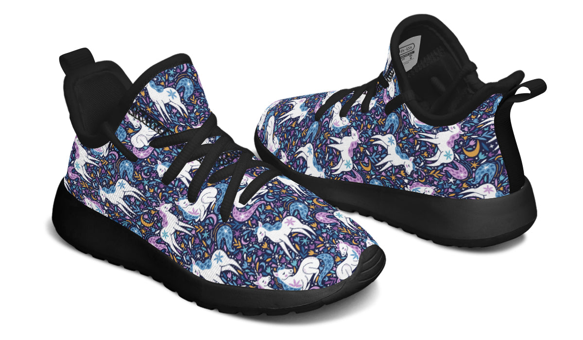 Colorful kids sneakers featuring unicorn designs, made from breathable mesh material.