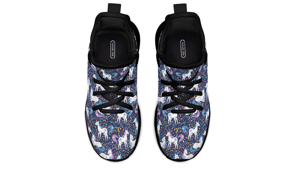 Colorful kids sneakers featuring unicorn designs, made from breathable mesh material.