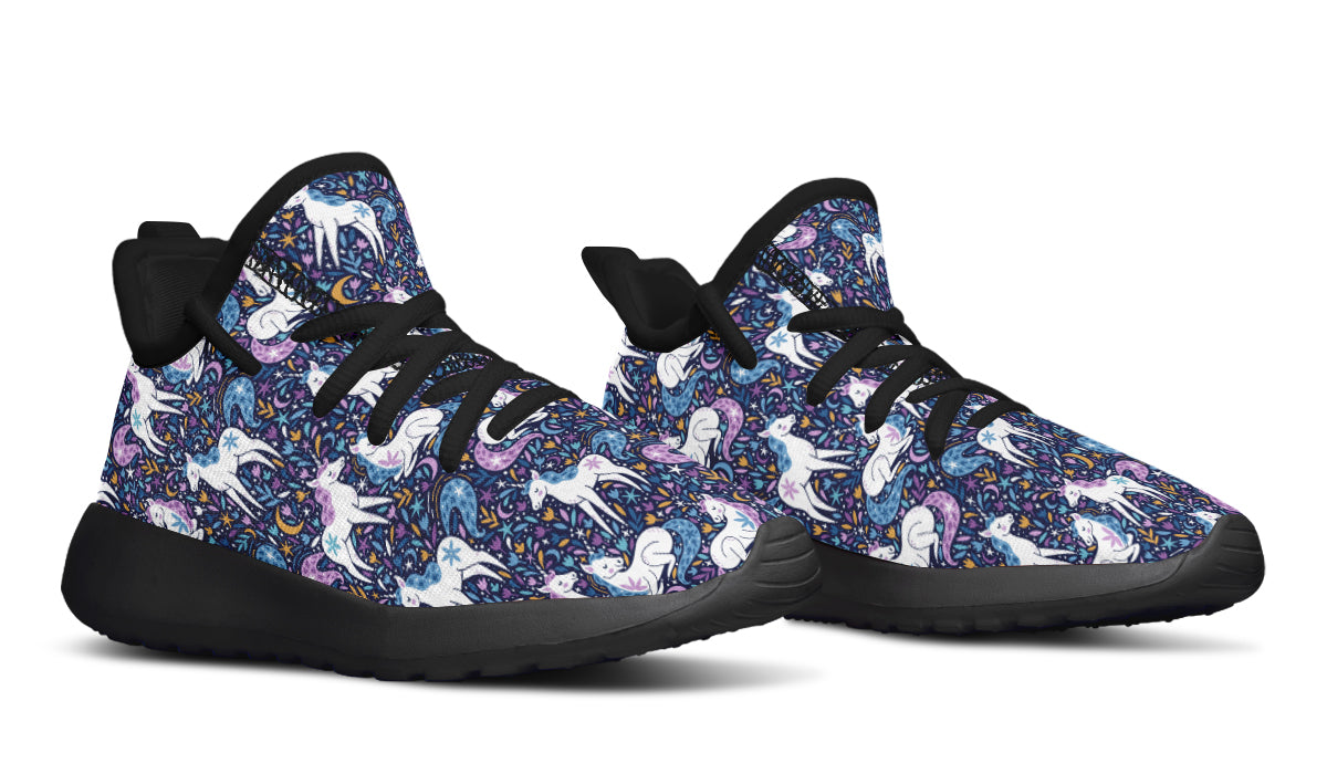 Colorful kids sneakers featuring unicorn designs, made from breathable mesh material.