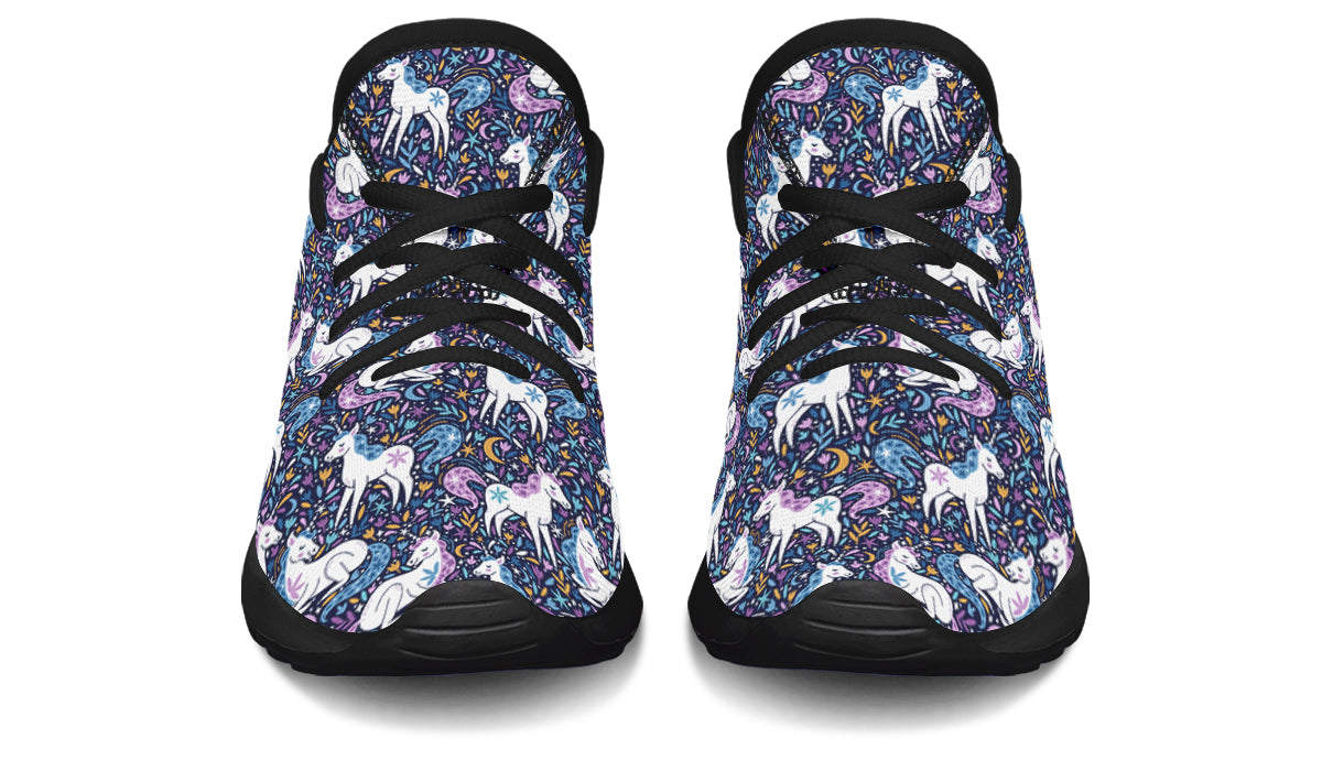 Colorful kids sneakers featuring unicorn designs, made from breathable mesh material.