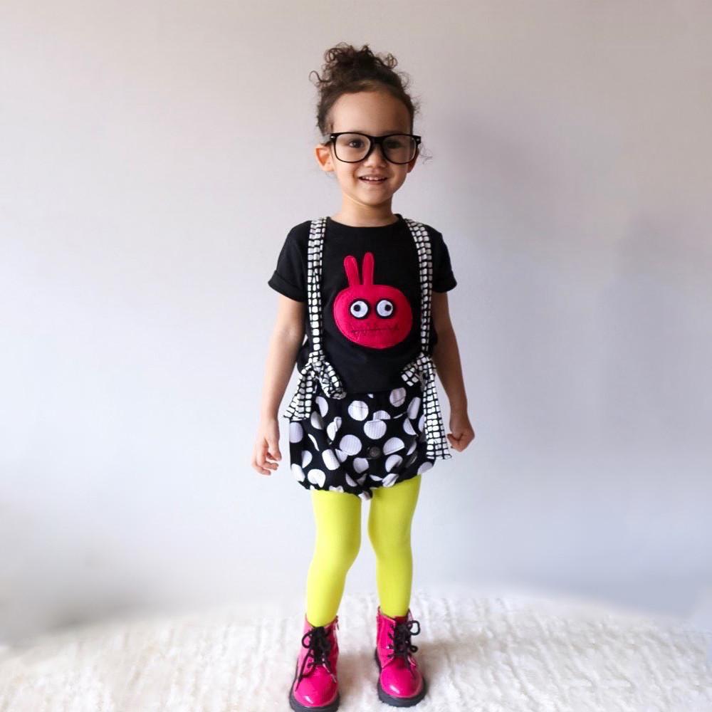 Kids T-shirt featuring a colorful Bunny Monster design, handmade with felt appliqué by Matthew Langille.