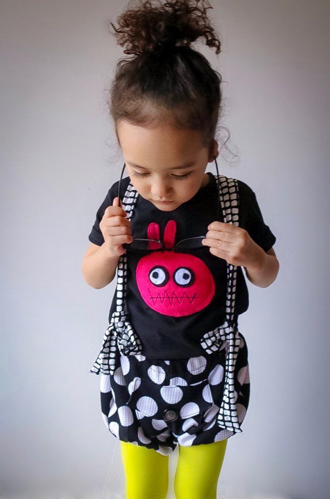 Kids T-shirt featuring a colorful Bunny Monster design, handmade with felt appliqué by Matthew Langille.