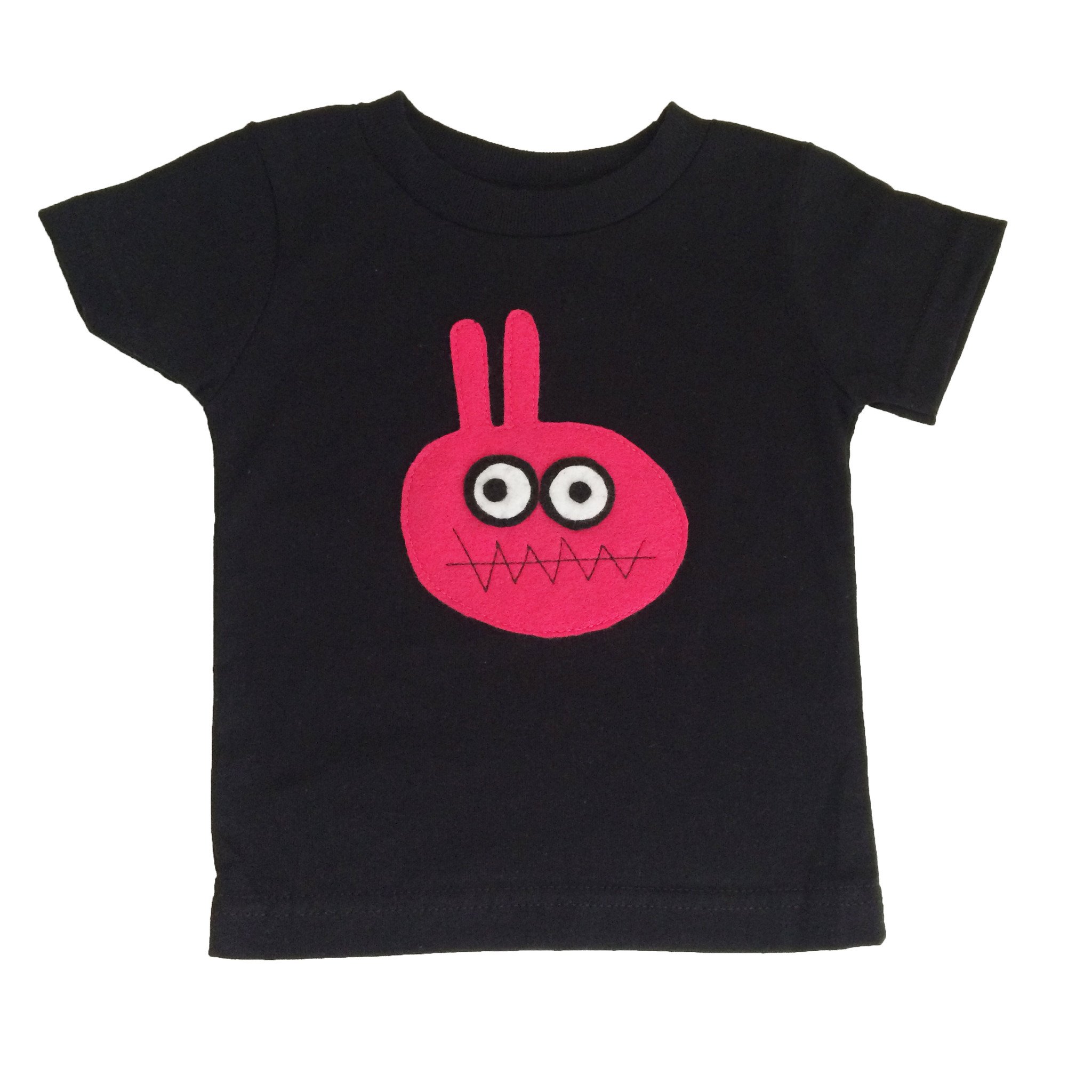 Kids T-shirt featuring a colorful Bunny Monster design, handmade with felt appliqué by Matthew Langille.