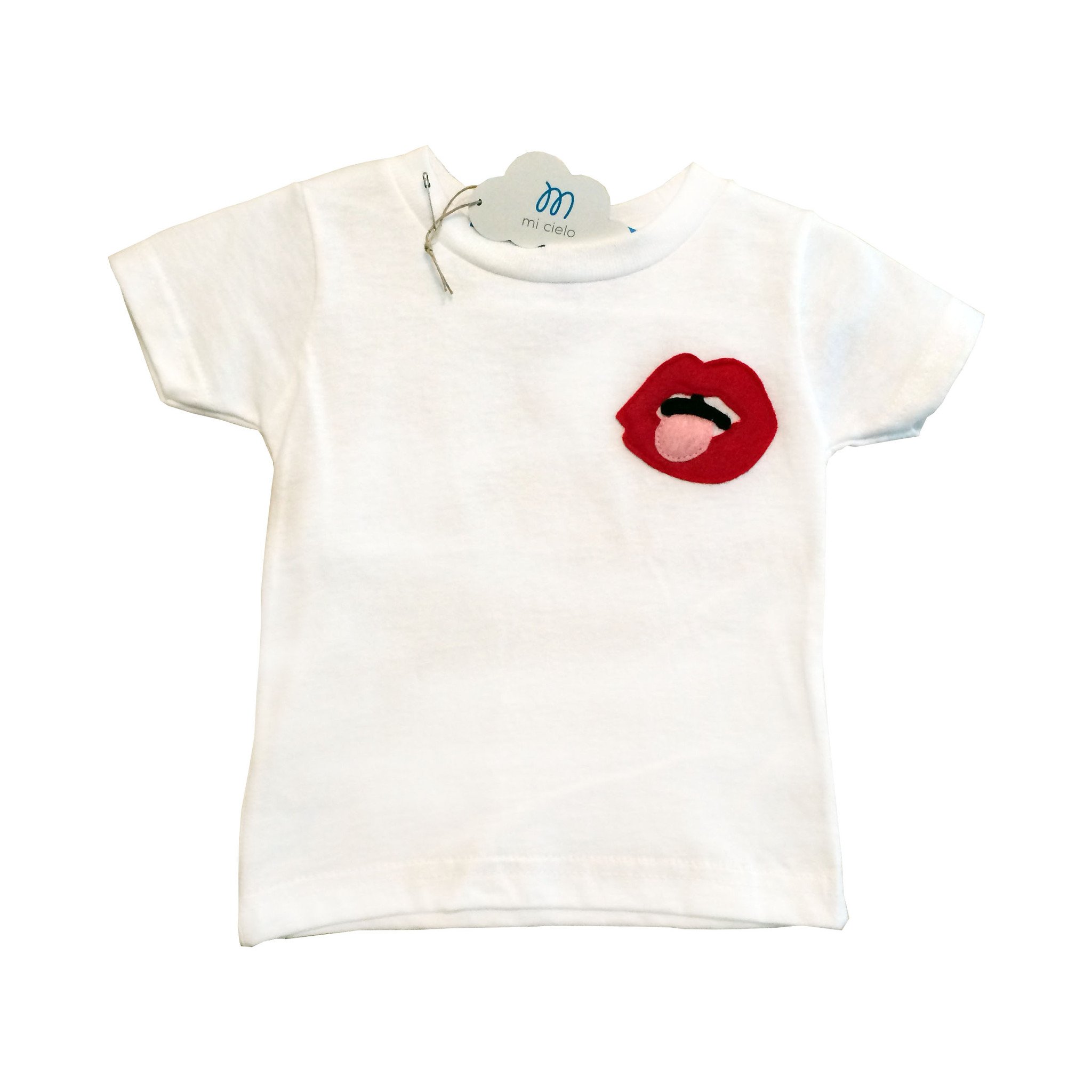 Kids T-shirt featuring a vibrant lips design, handmade with felt appliqué by mi cielo in collaboration with Donald Robertson.