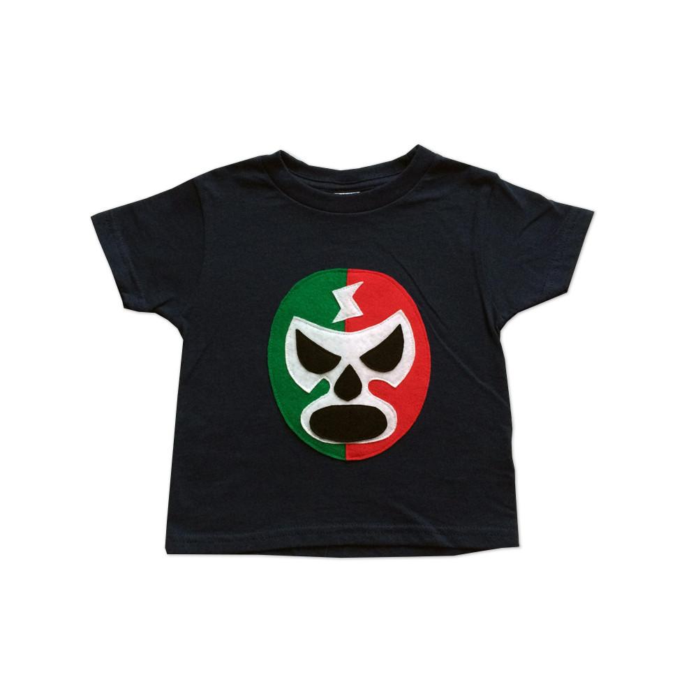 Colorful toddler t-shirt featuring Luchador Rojo + Verde design, handmade with felt appliqué for playful kids.