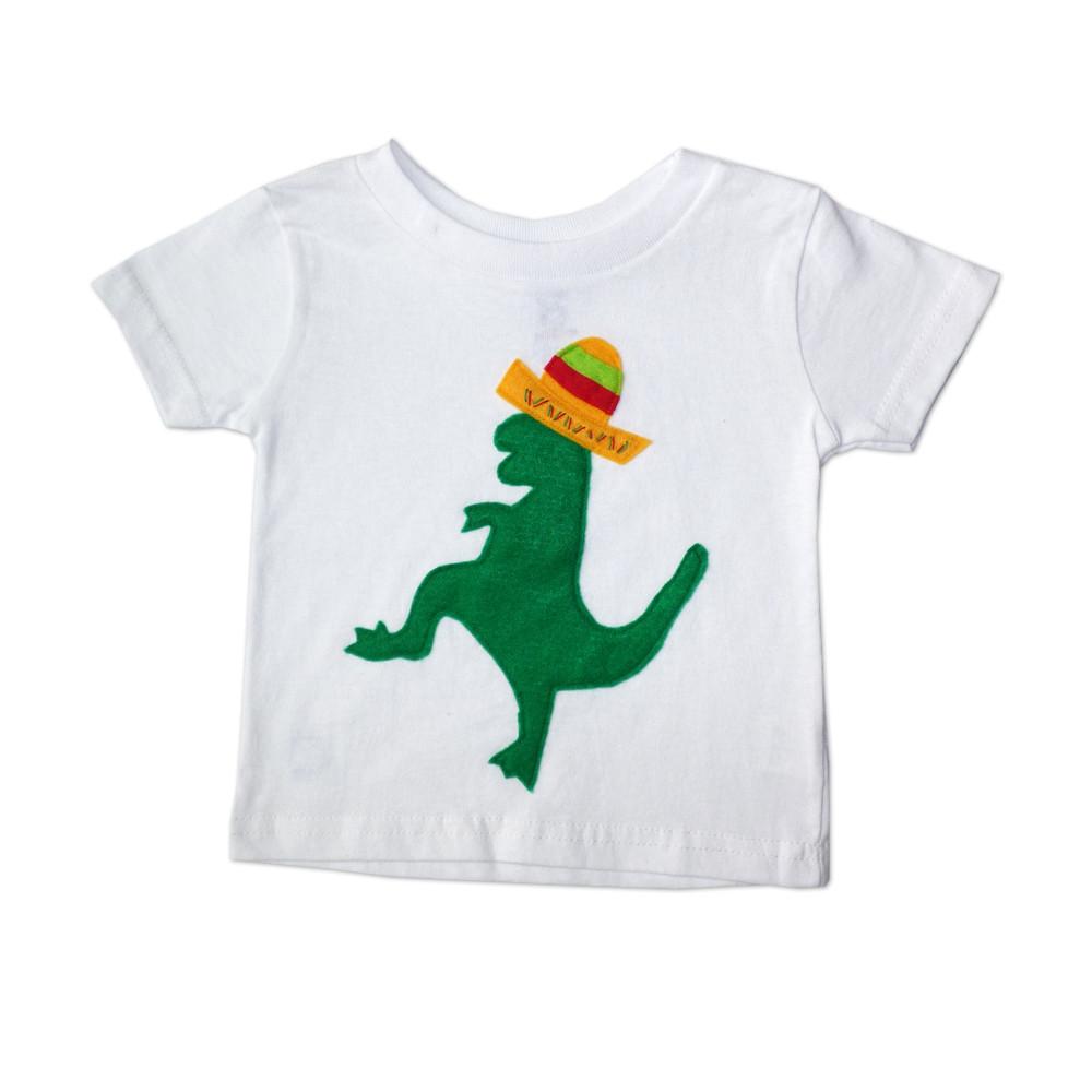 A colorful toddler T-shirt featuring a happy Mexican dinosaur dancing with a sombrero, handmade with felt appliqué.