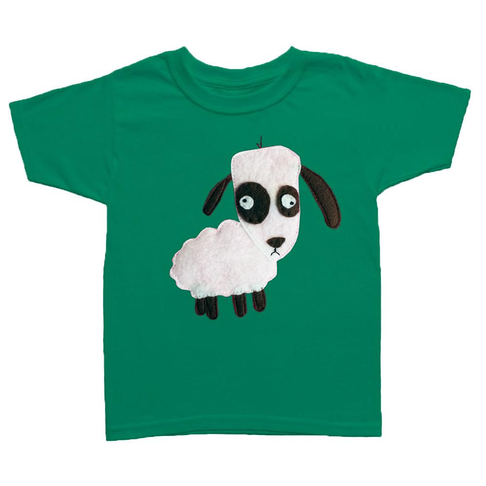Kids T-shirt in green featuring a unique sheep design by Matthew Langille, handmade and hand-stitched with love.