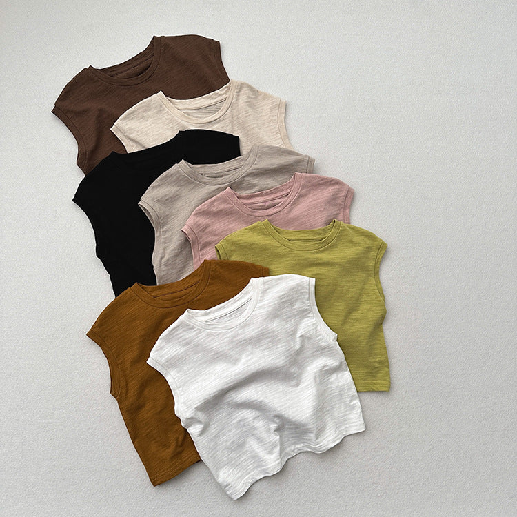 Kids unisex crew neck sleeveless thin solid color top vest in various colors, perfect for summer wear.