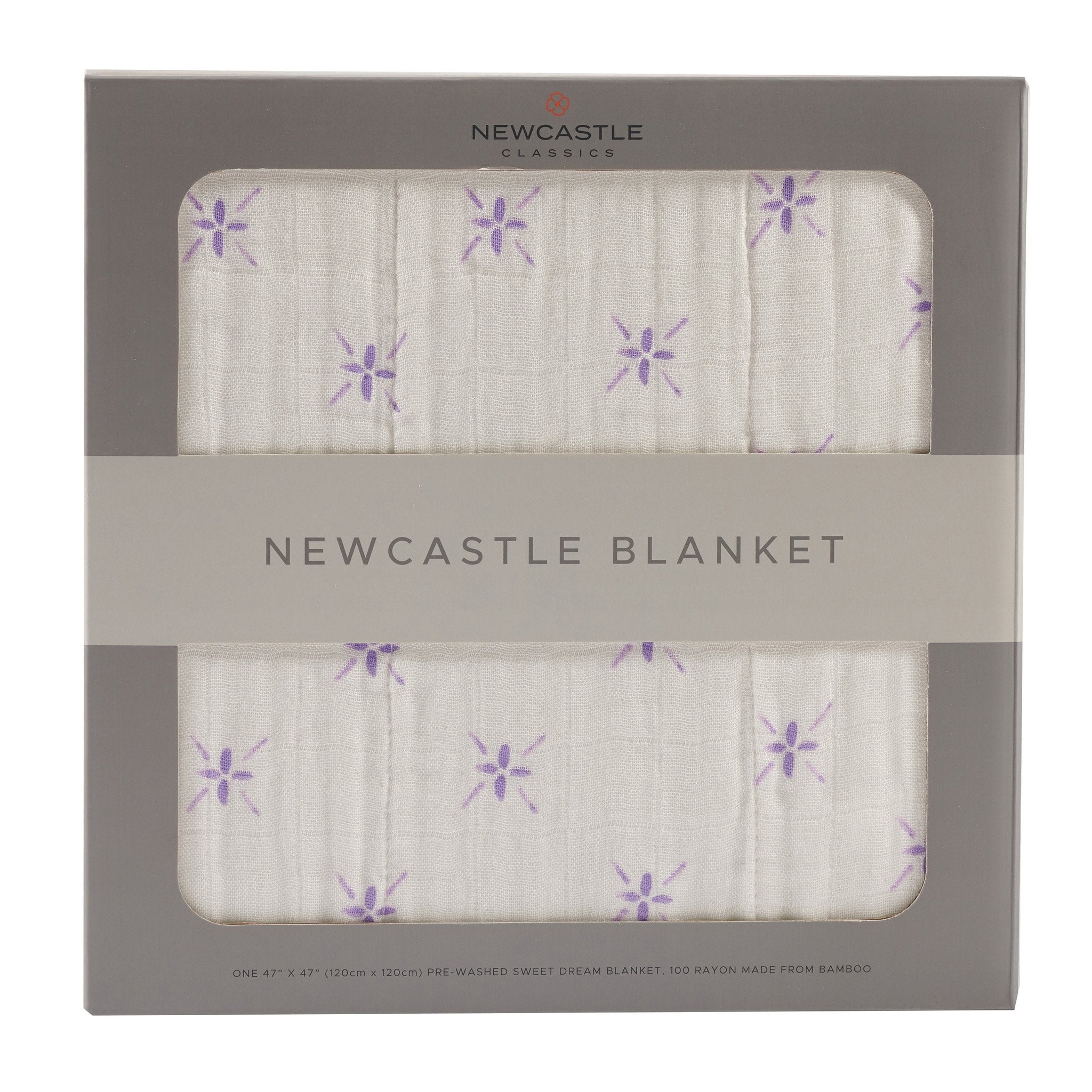 Lavender Flower and White Bamboo Muslin Newcastle Blanket, soft and cozy, perfect for babies and toddlers, featuring a stylish floral design.