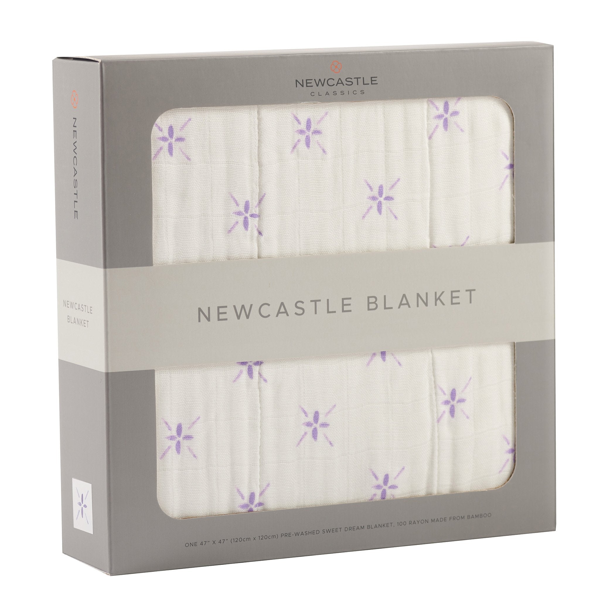 Lavender Flower and White Bamboo Muslin Newcastle Blanket, soft and cozy, perfect for babies and toddlers, featuring a stylish floral design.