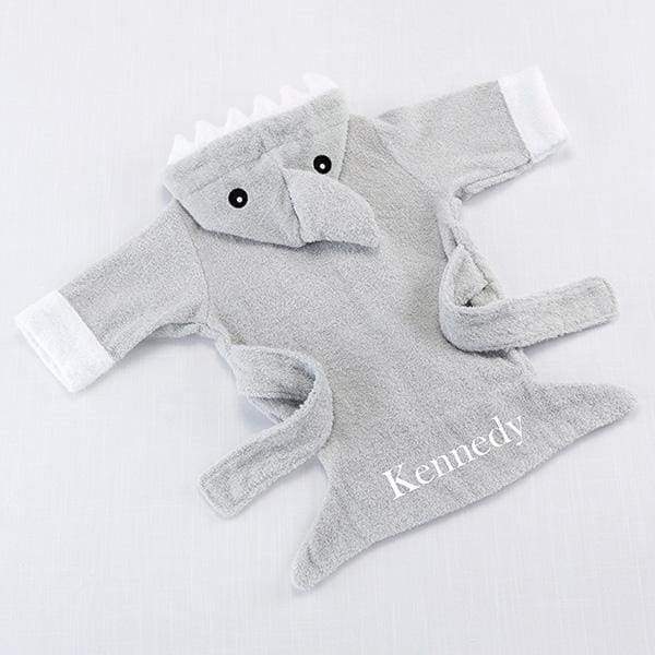 Adorable gray shark robe for infants featuring a fin, tail, and white teeth, perfect for bath time fun.