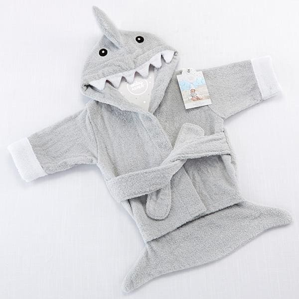 Adorable gray shark robe for infants featuring a fin, tail, and white teeth, perfect for bath time fun.
