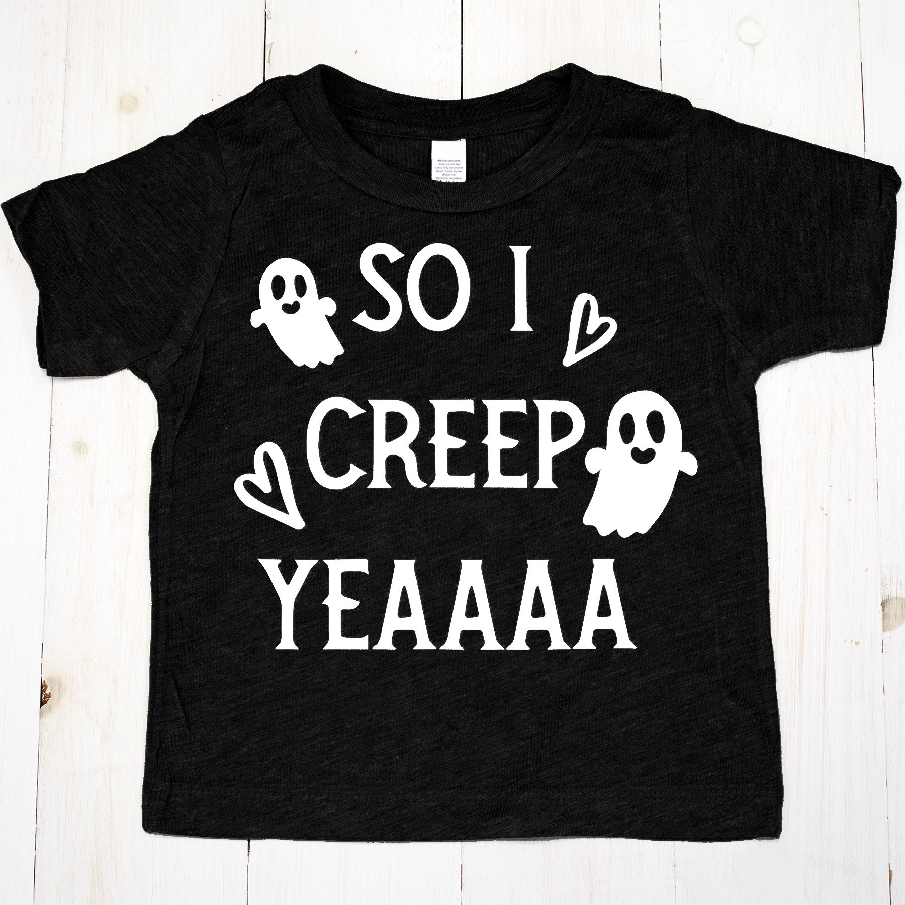 Little Monster Halloween T-shirt for baby boys and toddlers in olive and black colors with 'SO I CREEP' design.