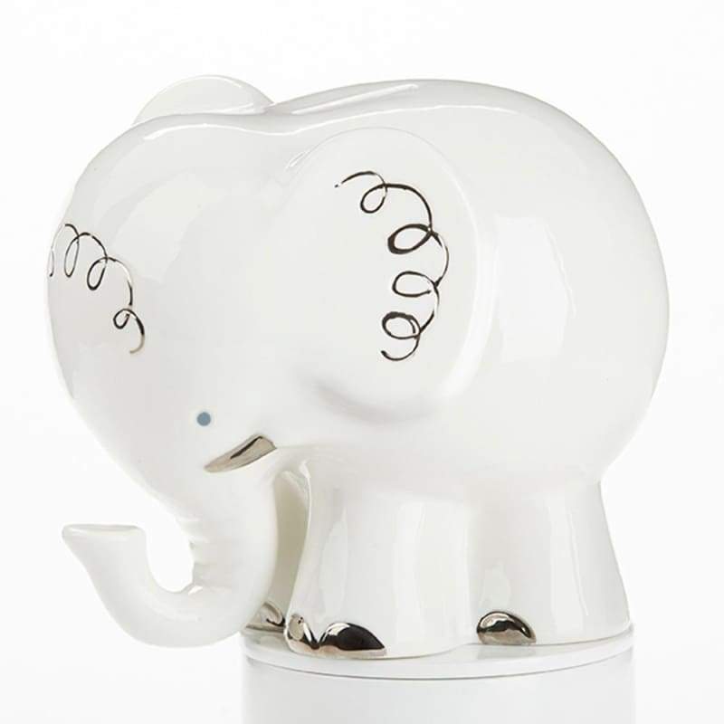 Little Peanut Elephant Porcelain Bank in white with silver foil detailing, perfect for nursery decor and saving coins.