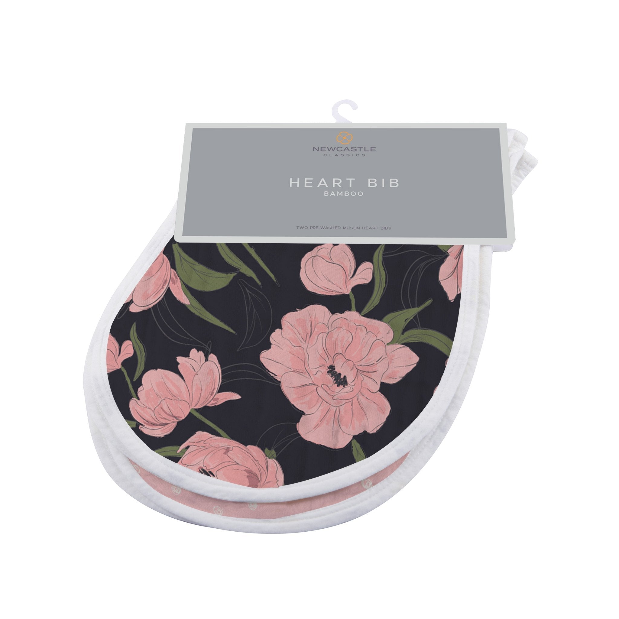 Set of 2 London, Paris, New York Heart Bibs made from soft bamboo muslin, featuring stylish heart designs and snap closures.