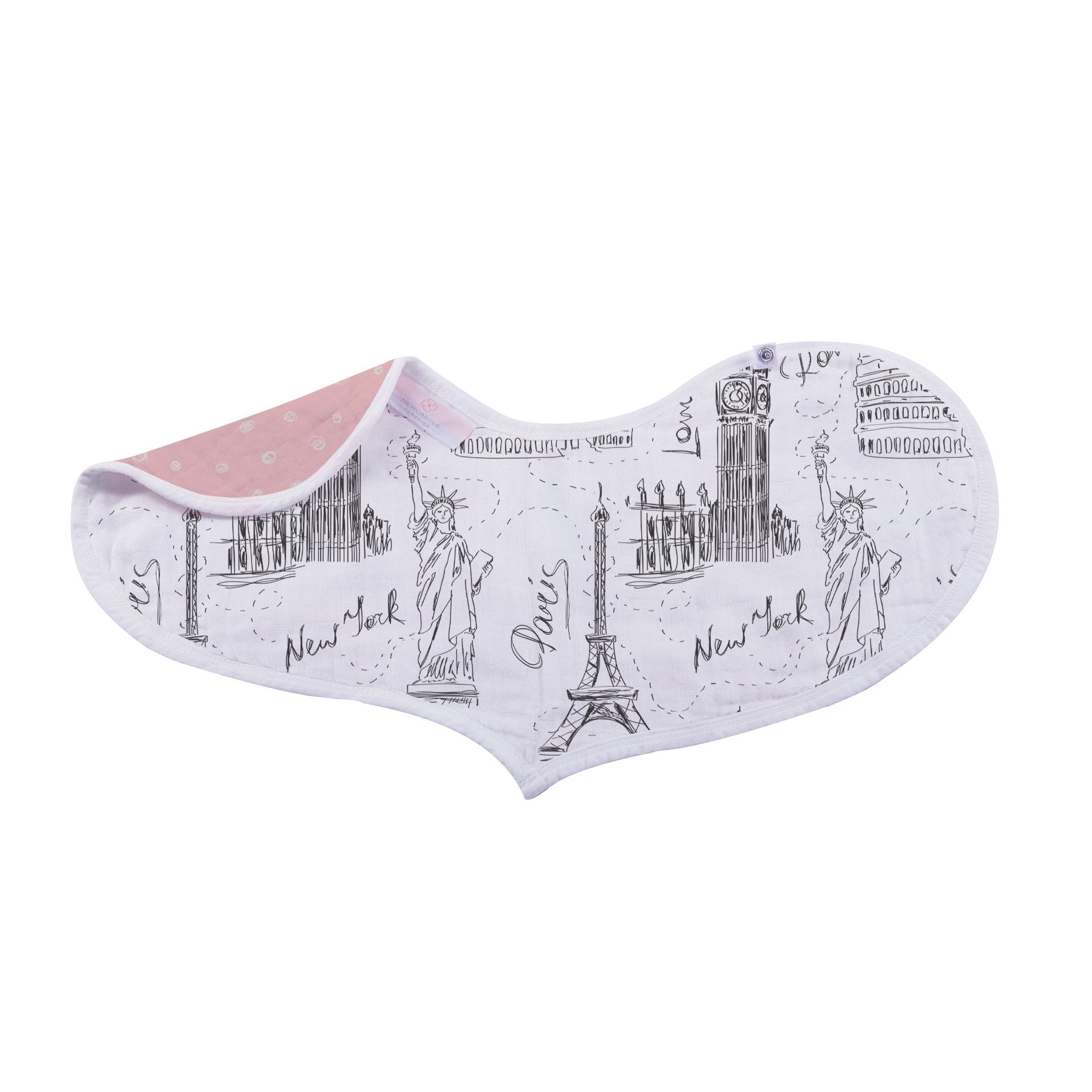 Set of 2 London, Paris, New York Heart Bibs made from soft bamboo muslin, featuring stylish heart designs and snap closures.