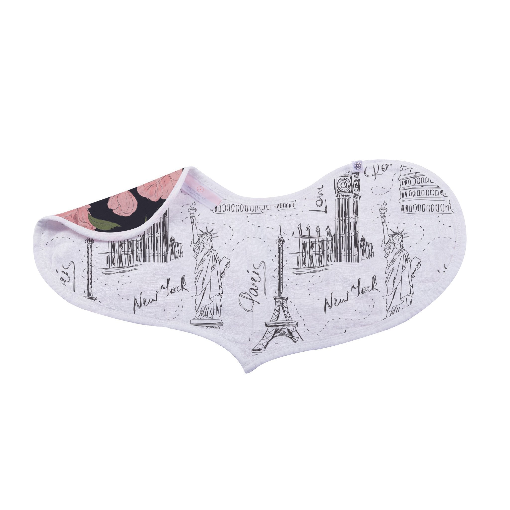 Set of 2 London, Paris, New York Heart Bibs made from soft bamboo muslin, featuring stylish heart designs and snap closures.