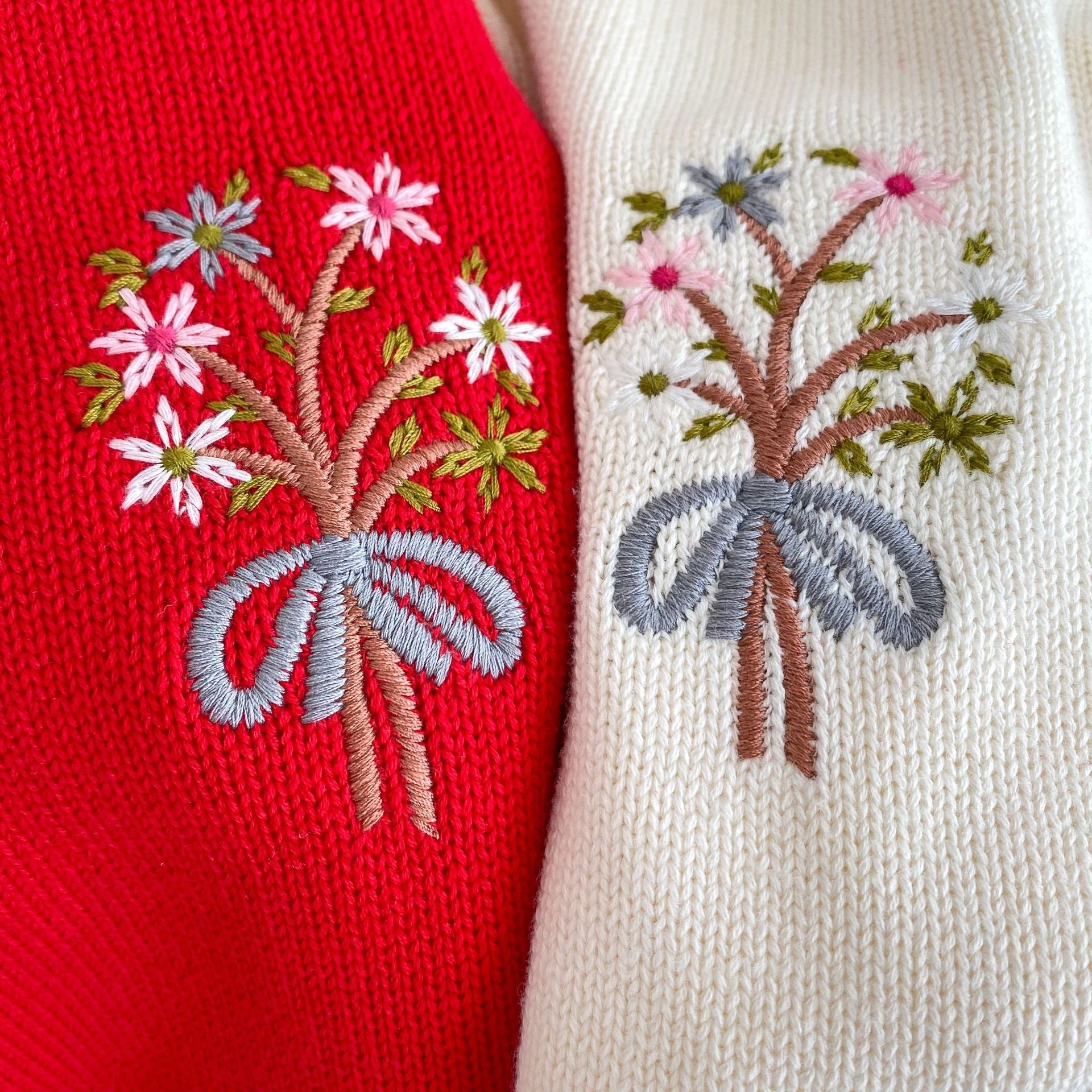 Long Sleeve 100% Cotton Velvet-In Knitwear Romper for baby girl in red and beige colors, featuring embroidered design.