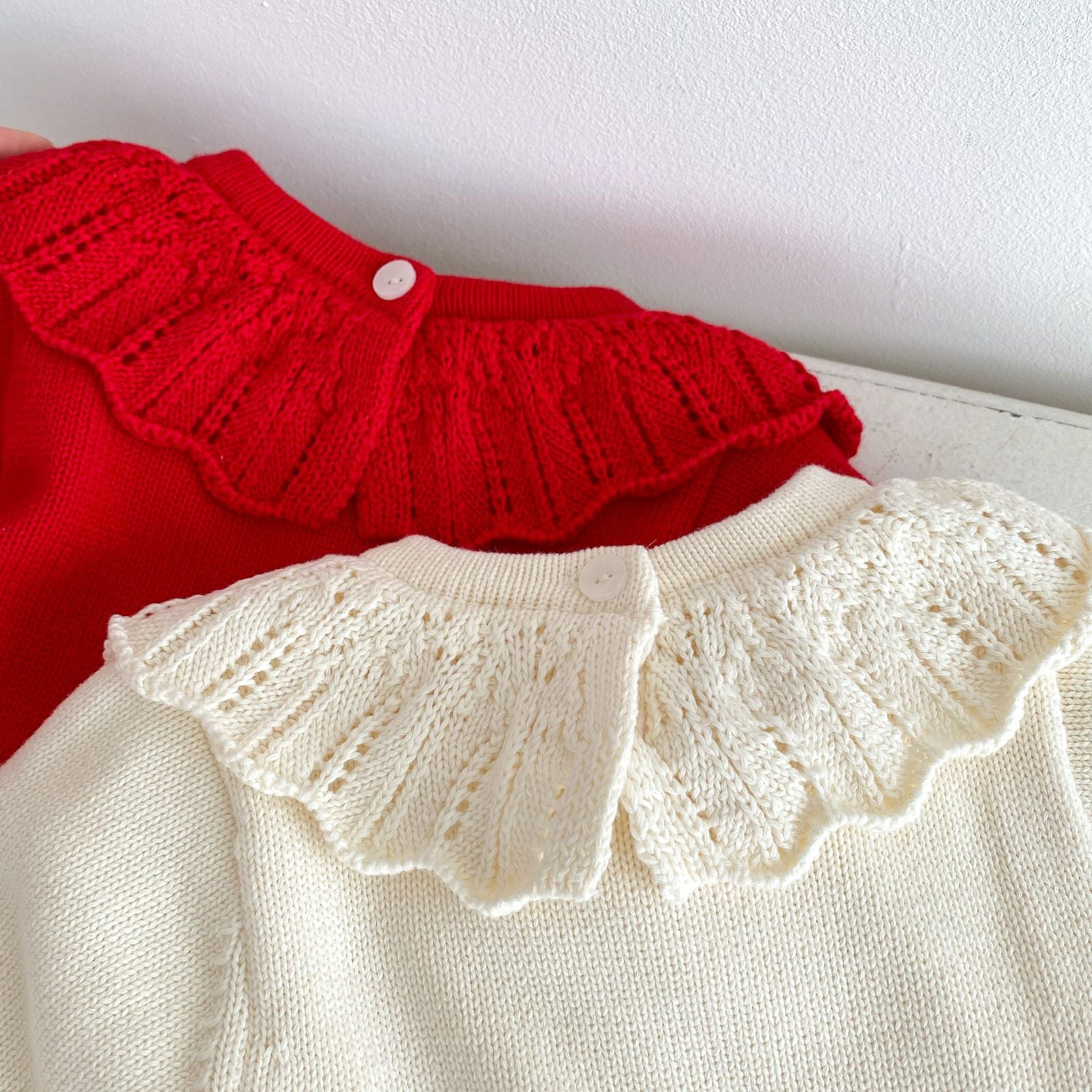 Long Sleeve 100% Cotton Velvet-In Knitwear Romper for baby girl in red and beige colors, featuring embroidered design.