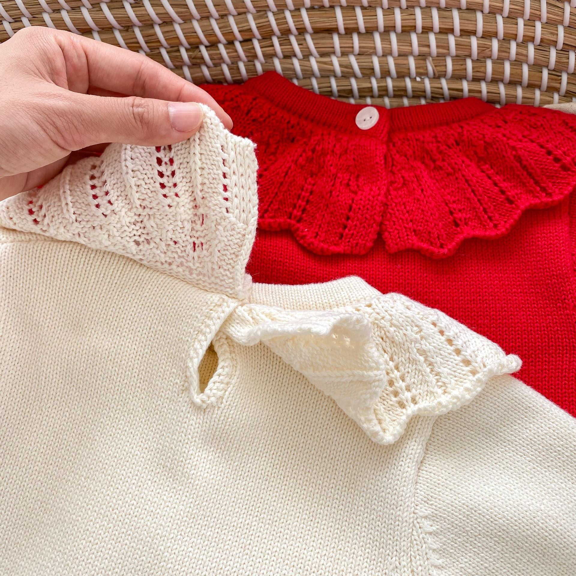 Long Sleeve 100% Cotton Velvet-In Knitwear Romper for baby girl in red and beige colors, featuring embroidered design.