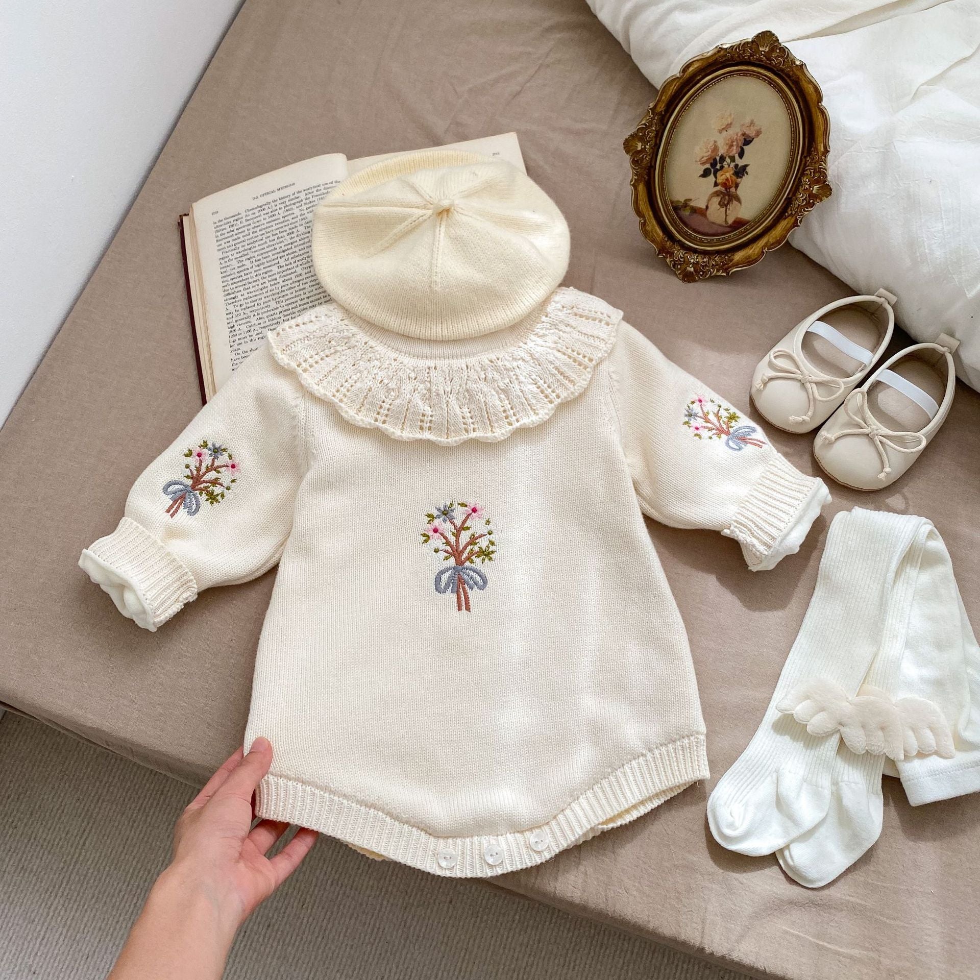 Long Sleeve 100% Cotton Velvet-In Knitwear Romper for baby girl in red and beige colors, featuring embroidered design.