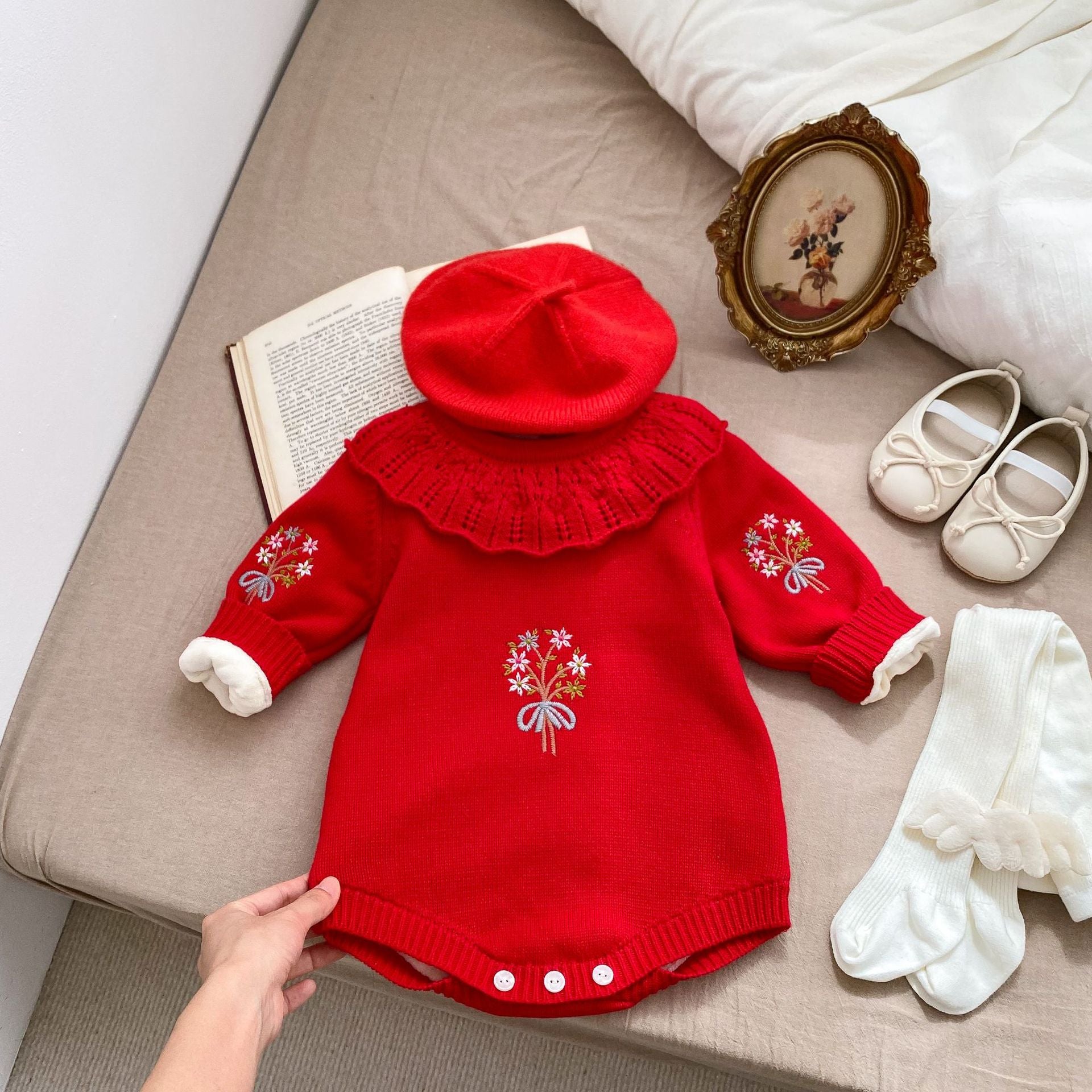 Long Sleeve 100% Cotton Velvet-In Knitwear Romper for baby girl in red and beige colors, featuring embroidered design.