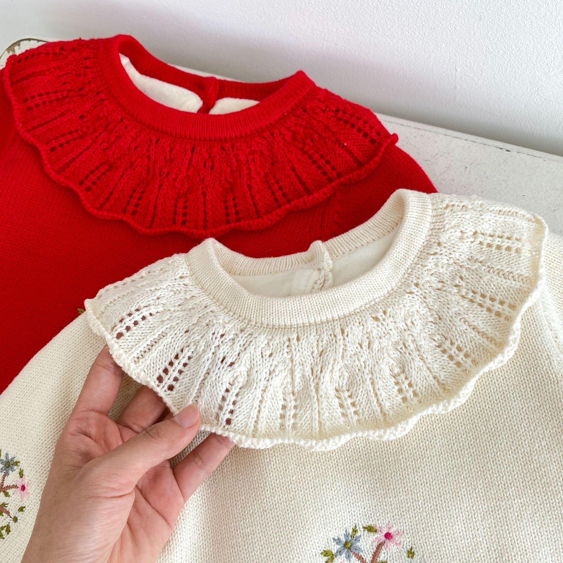 Long Sleeve 100% Cotton Velvet-In Knitwear Romper for baby girl in red and beige colors, featuring embroidered design.