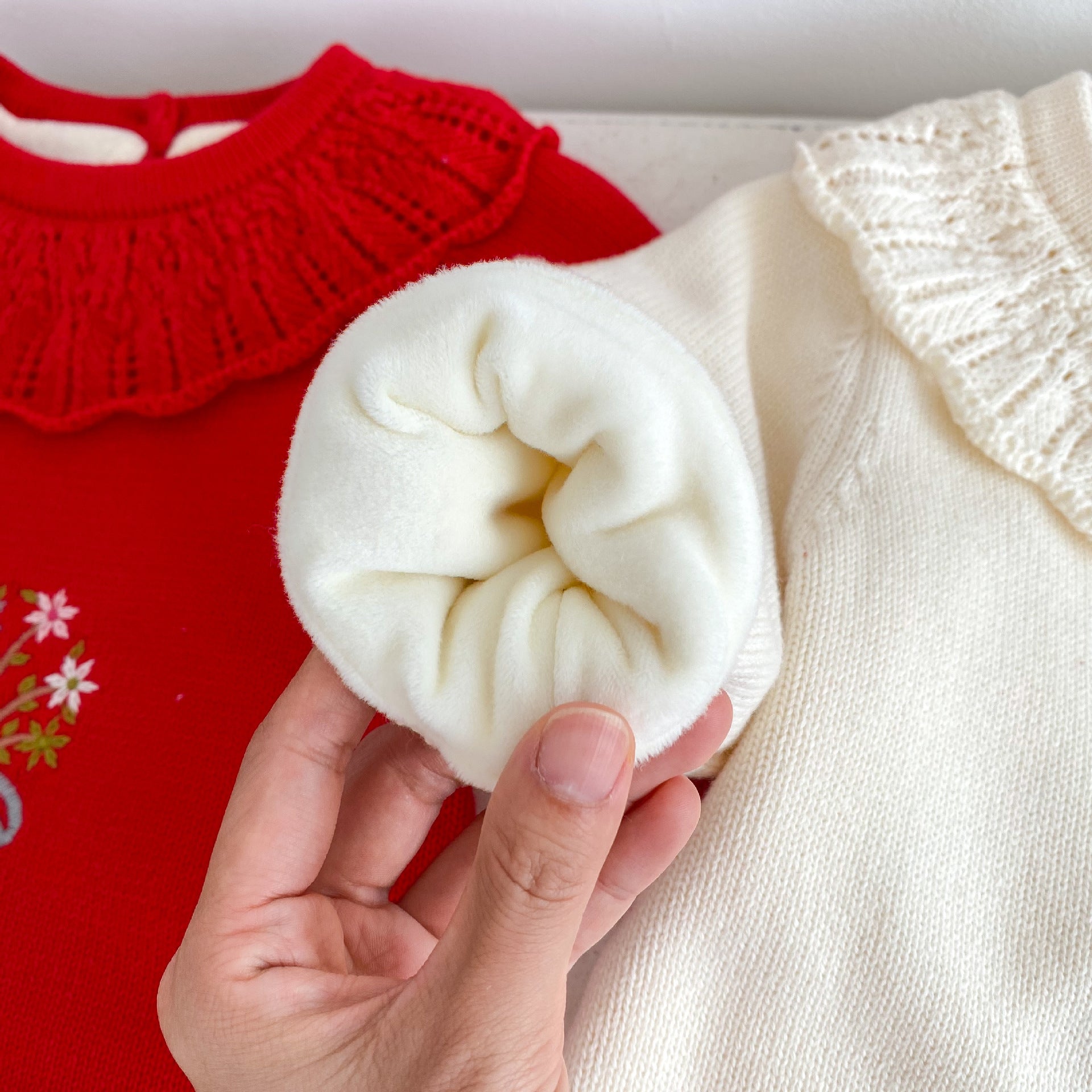 Long Sleeve 100% Cotton Velvet-In Knitwear Romper for baby girl in red and beige colors, featuring embroidered design.