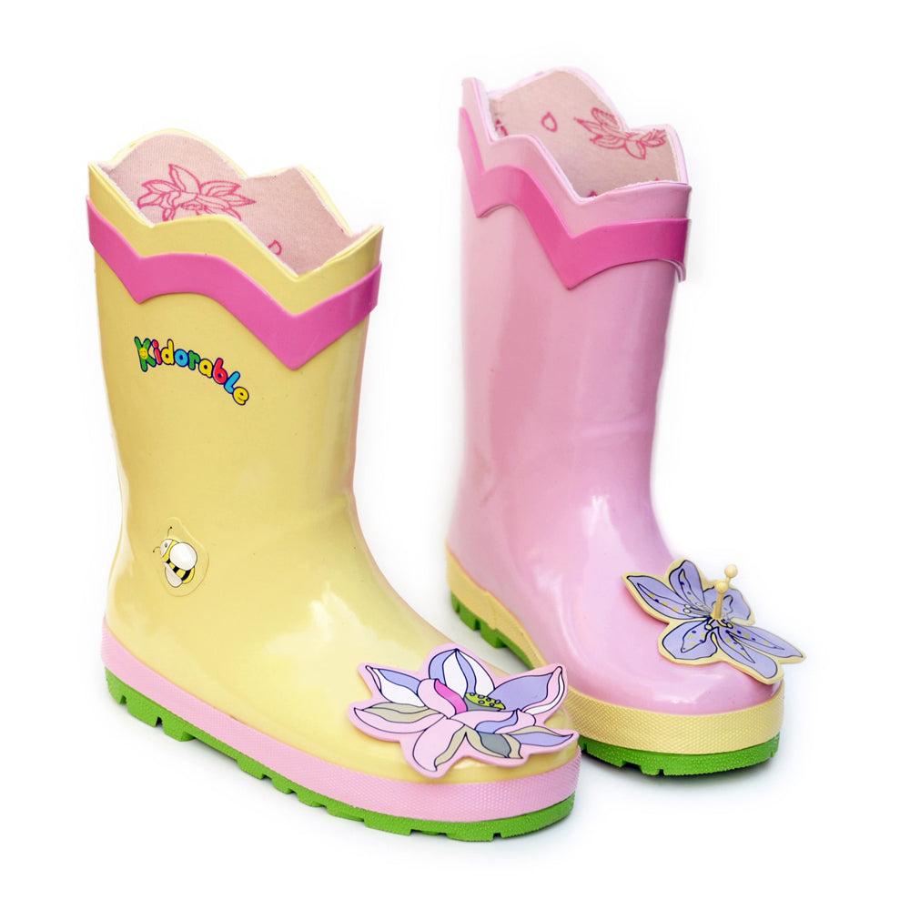 Colorful Kidorable Lotus Flower Rain Boots with fun floral design and non-slip sole, perfect for kids.