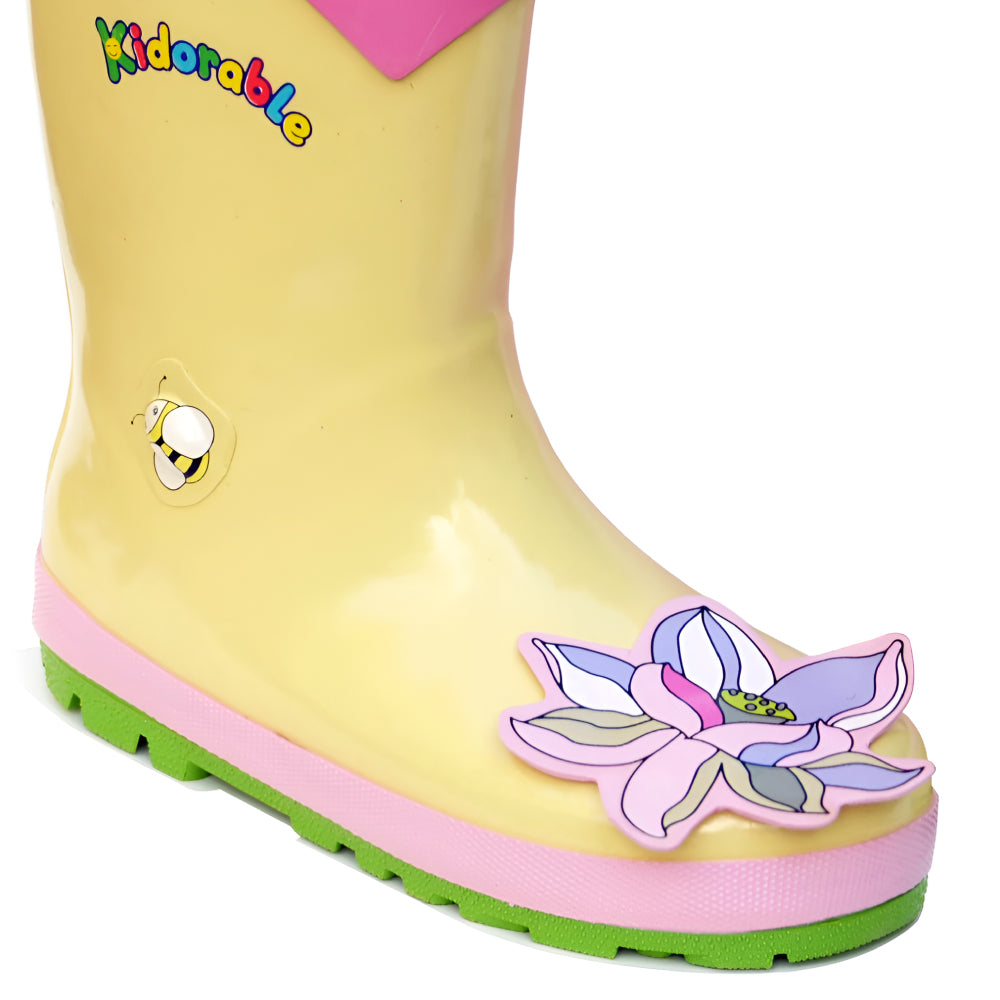 Colorful Kidorable Lotus Flower Rain Boots with fun floral design and non-slip sole, perfect for kids.