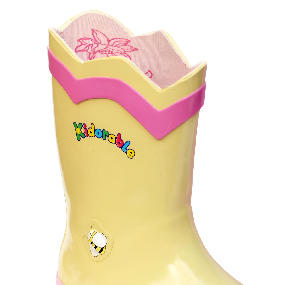 Colorful Kidorable Lotus Flower Rain Boots with fun floral design and non-slip sole, perfect for kids.