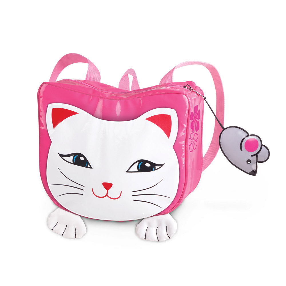 A colorful Lucky Cat Backpack designed for toddlers, featuring a playful cat design, exterior pocket, and a mouse zipper toy.