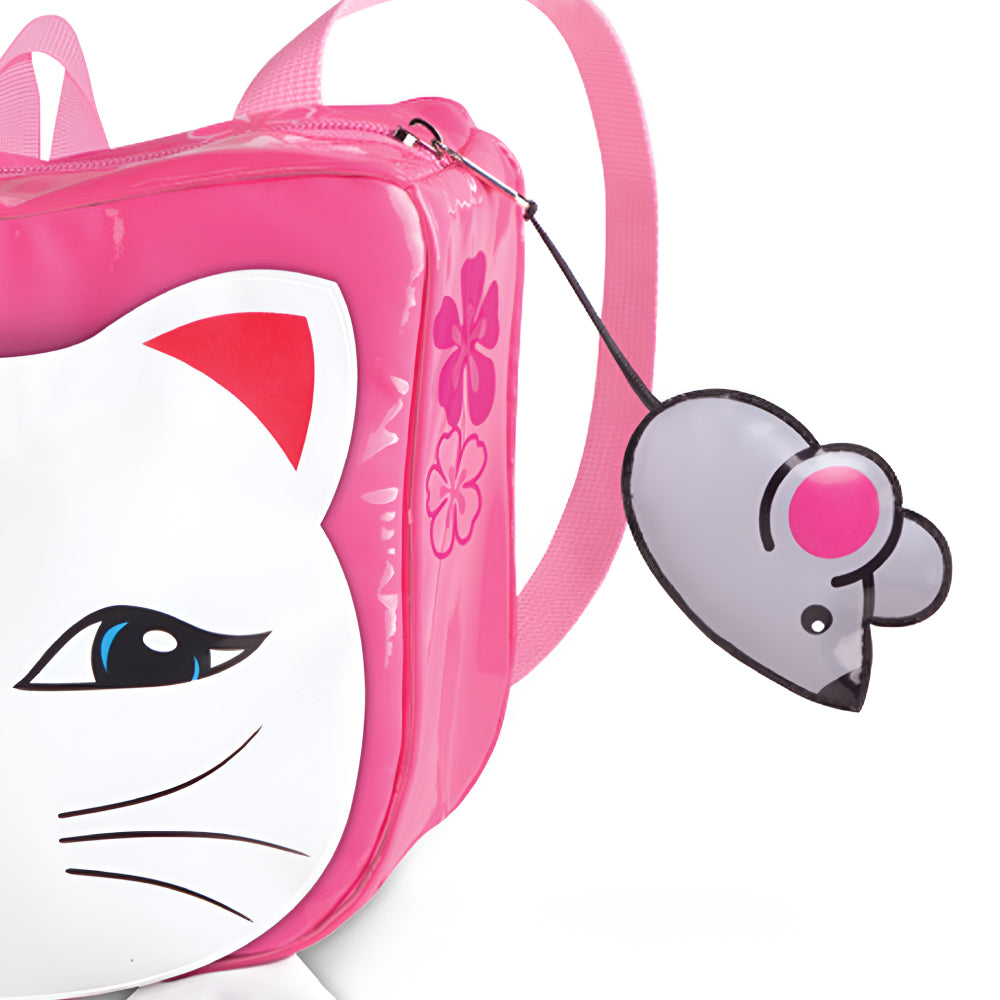 A colorful Lucky Cat Backpack designed for toddlers, featuring a playful cat design, exterior pocket, and a mouse zipper toy.