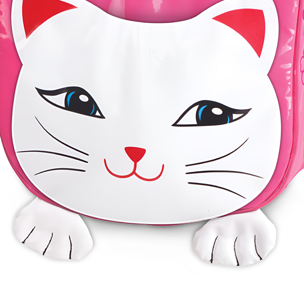 A colorful Lucky Cat Backpack designed for toddlers, featuring a playful cat design, exterior pocket, and a mouse zipper toy.