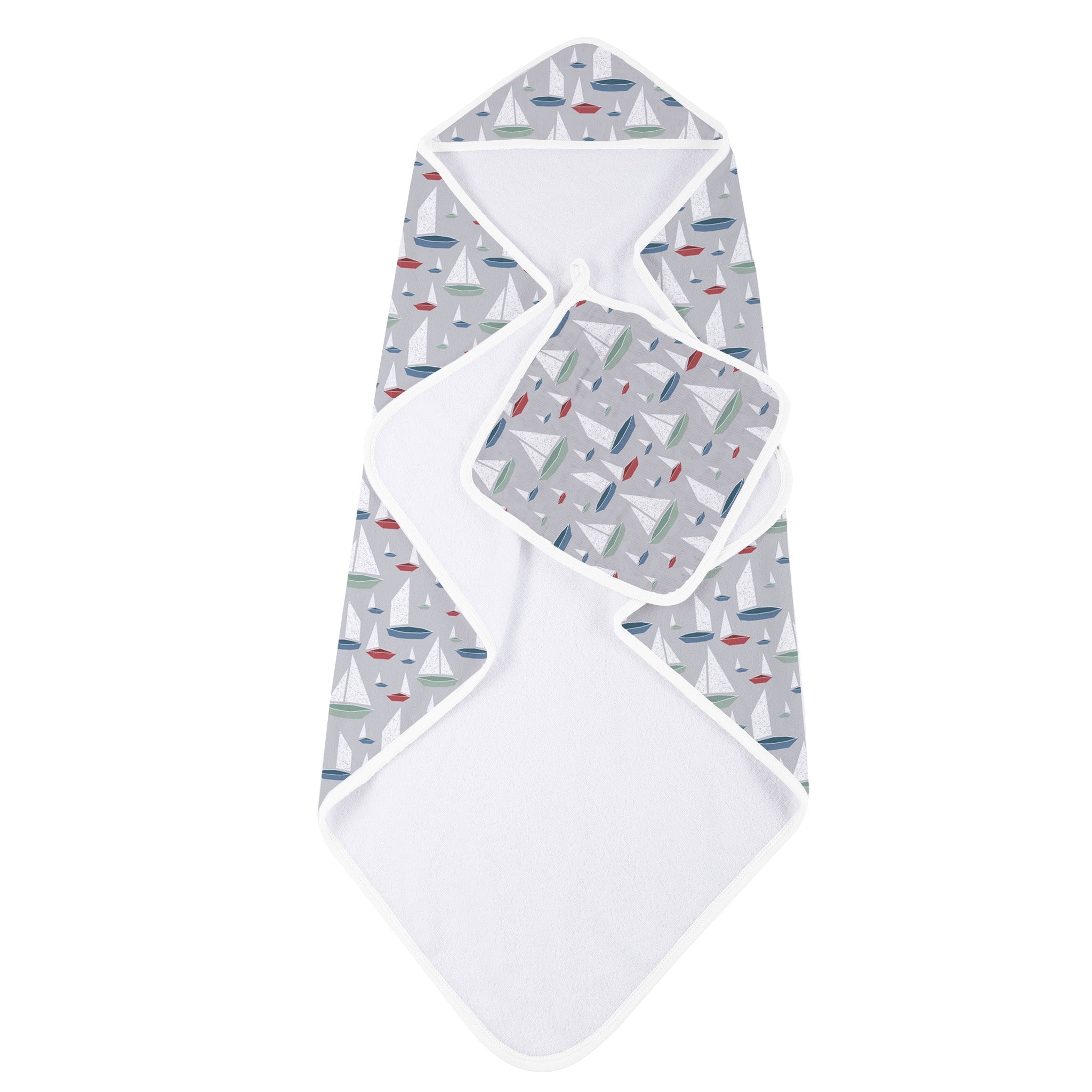 Marina Sailboats Bamboo Hooded Towel and Washcloth Set featuring soft bamboo muslin fabric with a cute sailboat design.