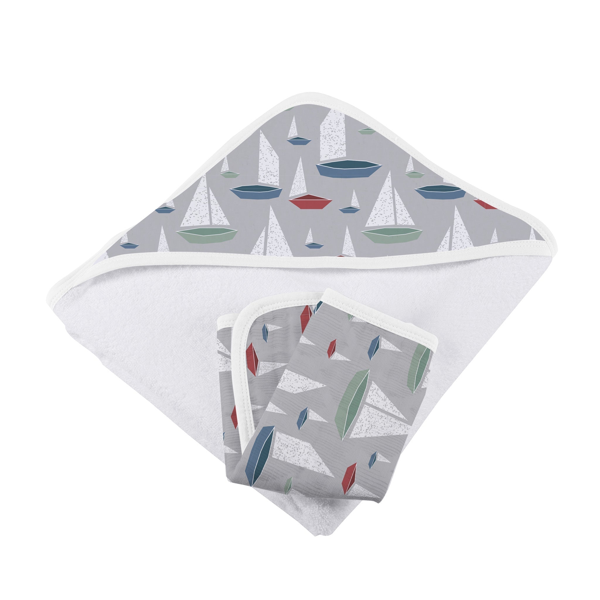 Marina Sailboats Bamboo Hooded Towel and Washcloth Set featuring soft bamboo muslin fabric with a cute sailboat design.