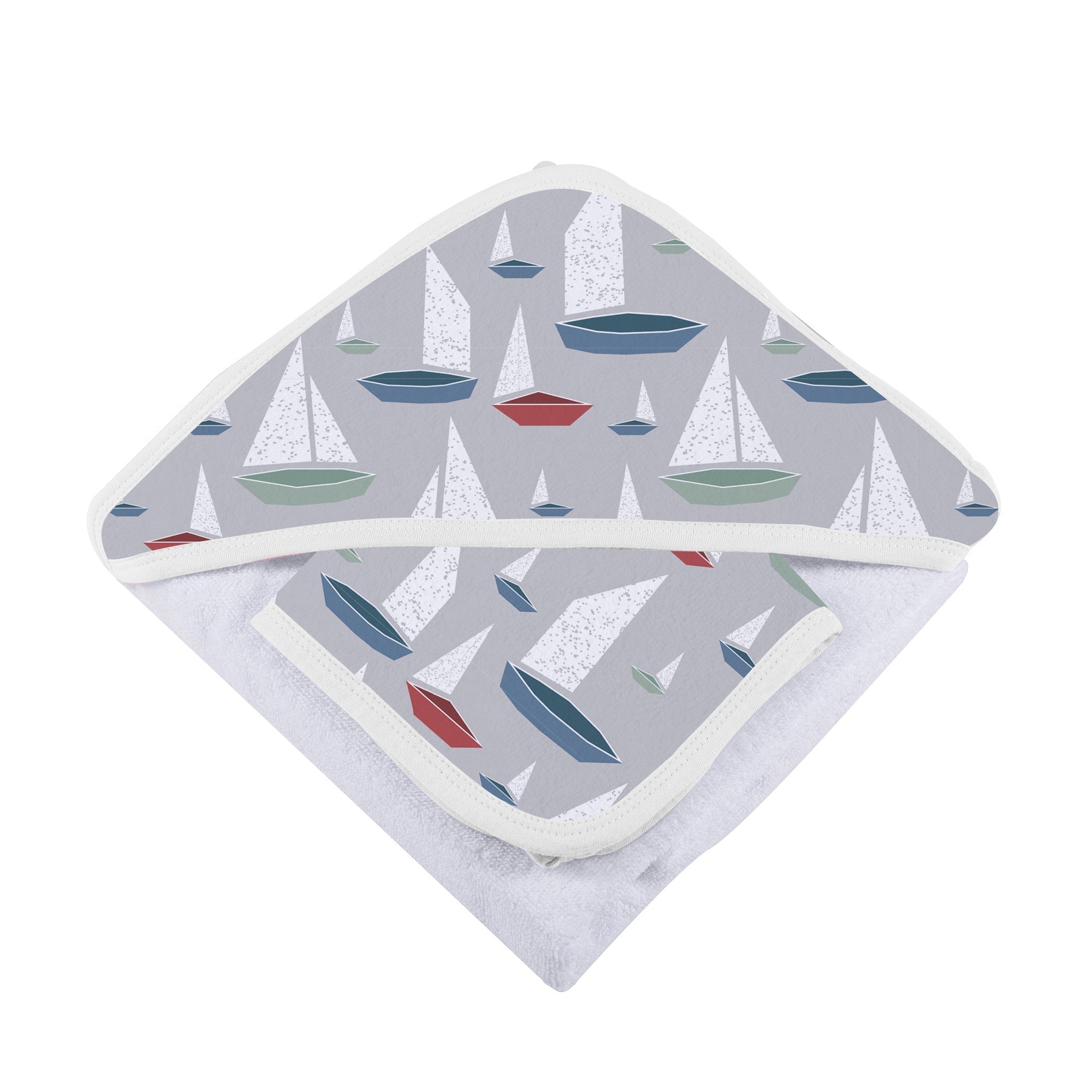 Marina Sailboats Bamboo Hooded Towel and Washcloth Set featuring soft bamboo muslin fabric with a cute sailboat design.