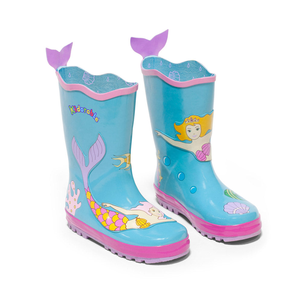 Colorful Kidorable Mermaid Rain Boots featuring a fun mermaid design and tail heel tab, perfect for kids.