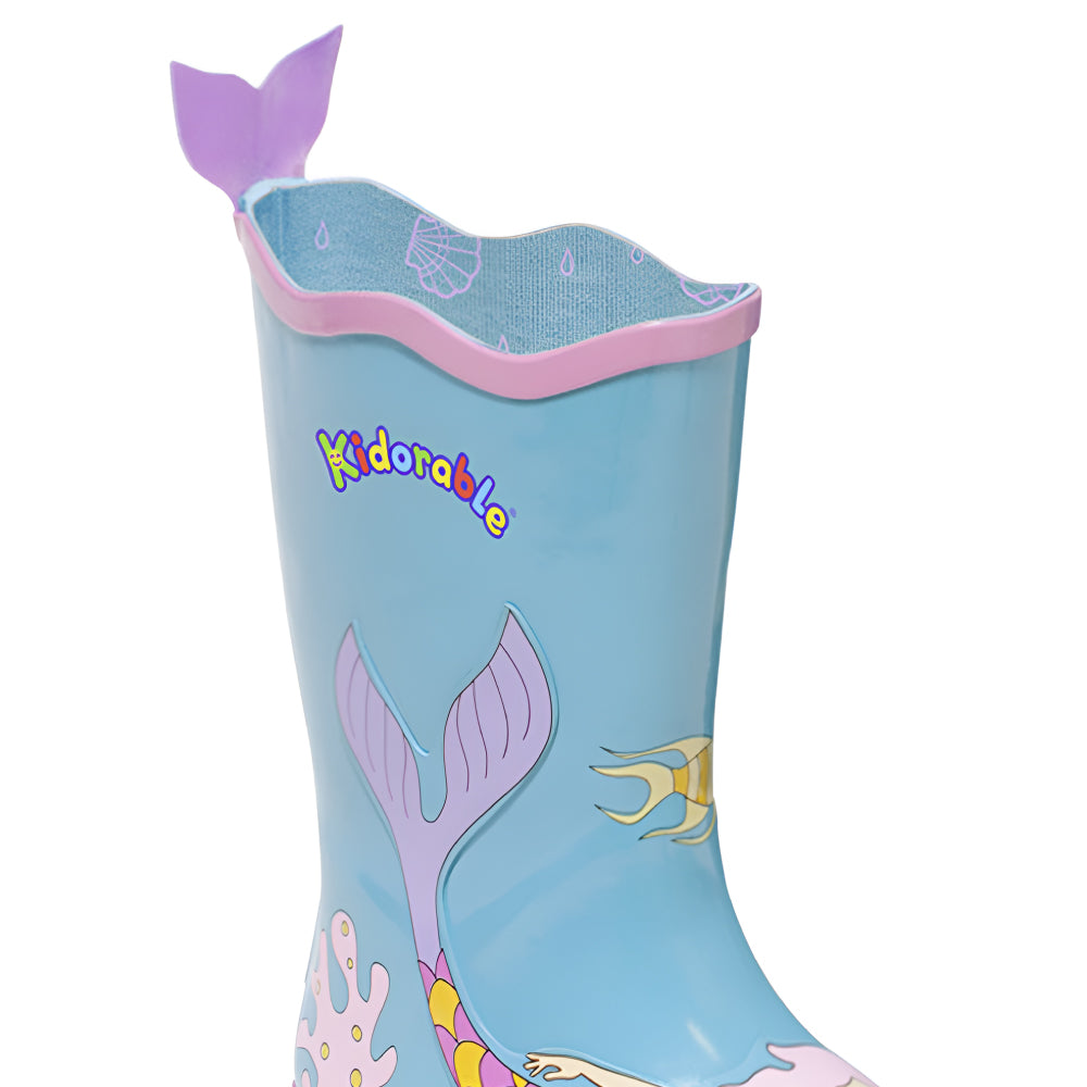 Colorful Kidorable Mermaid Rain Boots featuring a fun mermaid design and tail heel tab, perfect for kids.
