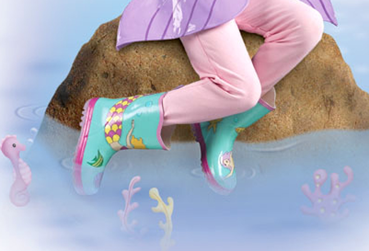 Colorful Kidorable Mermaid Rain Boots featuring a fun mermaid design and tail heel tab, perfect for kids.